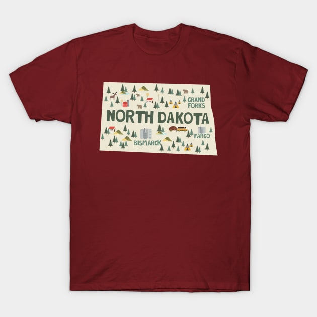 North Dakota Illustrated Map T-Shirt by JunkyDotCom